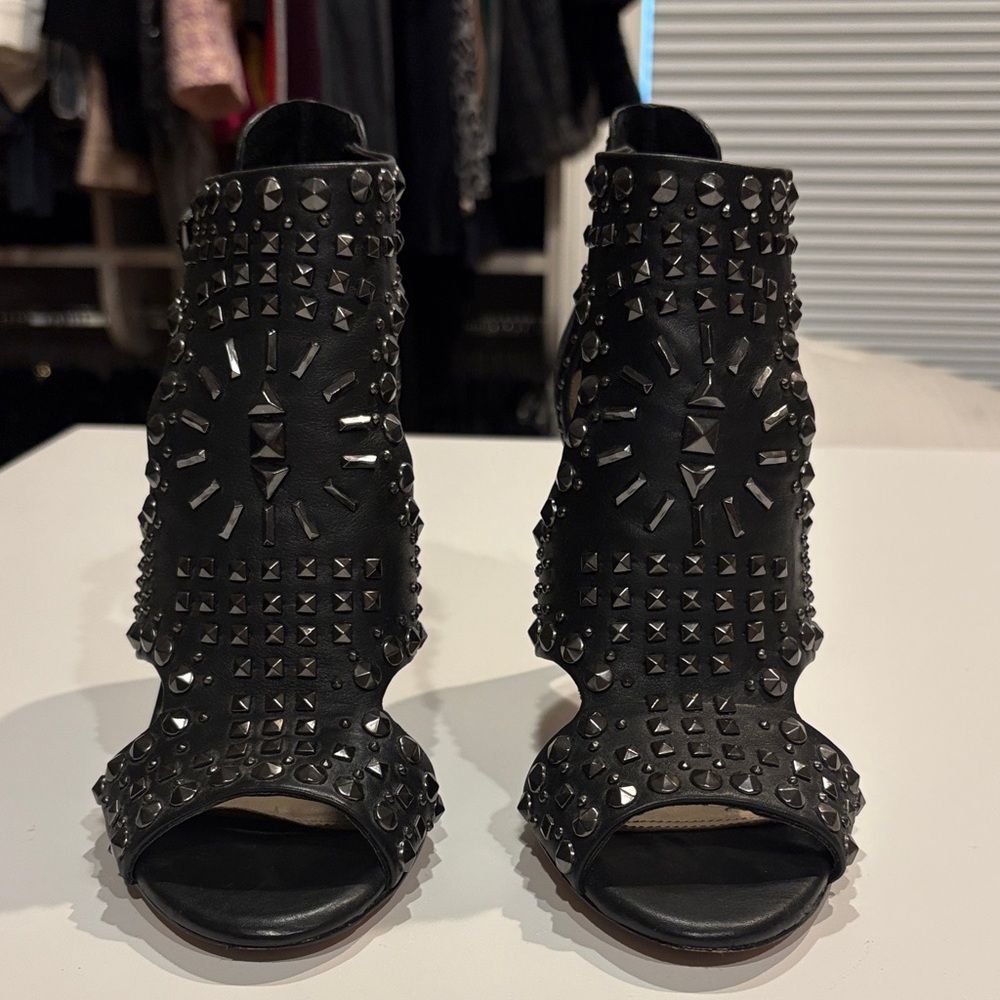 BCBGMaxAzria Black Studded Open-Toe High Heels